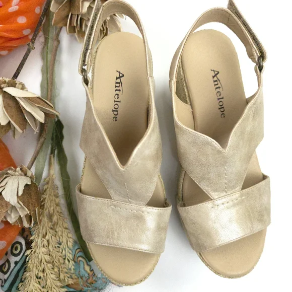 Antelope Metallic Gold Wedge Sandals - Women's 38 - Picture 2 of 12